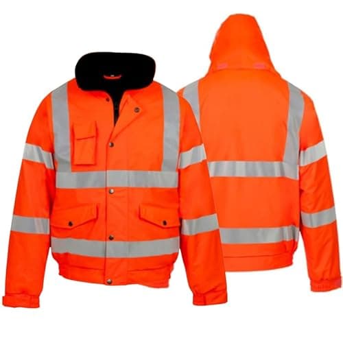 Image of Hi Vis Jacket Men Work Bomber Coat – Waterproof Padded Safety Security Workwear Viz Visibility Coat with Zip – Contractor Reflective Winter Jacket Orange L