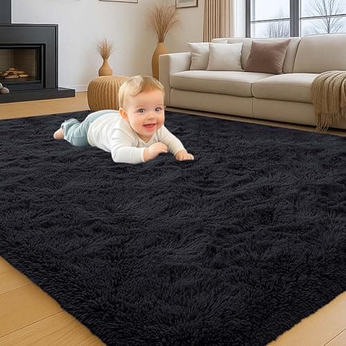 Image of INSPIRE HOMEWARE Black Bedroom Rugs 120 x 170 cm, Soft Fluffy Area Rugs for Dining Room - Modern High Pile Plush Rug for Living Room, Nursery Rug for Kids Room Non Shedding Carpet for Lounge