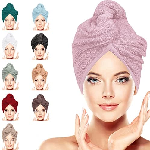 Image of BAVIN LUXURY Hair Towel Wrap 100% Cotton, Instant Drying Lightweight Turban Cap Super Quick Absorbent Anti-Frizz Twist Toweling Dry Hat with Button Loop for Long Curly Hairs, 62CM x 23CM Pink Single