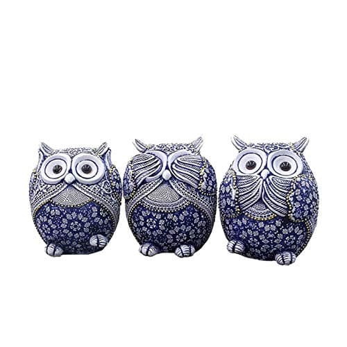 Image of Juanxian 3 Owl Figurines Decor See No Evil Hear No Evil Speak No Evil Cute Owl Statue Crafted Animal Sculpture Ornament for Home Office Tabletop Blue | W4397