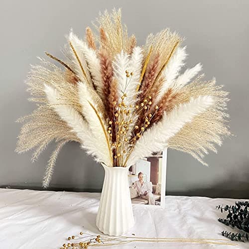 Image of 90Pcs Natural Dried Pampas Grass Bouquet for Home Decor - Fluffy Artificial Phragmites Dried Flowers - DIY Boho Plant for Floral Arrangements and Decorations