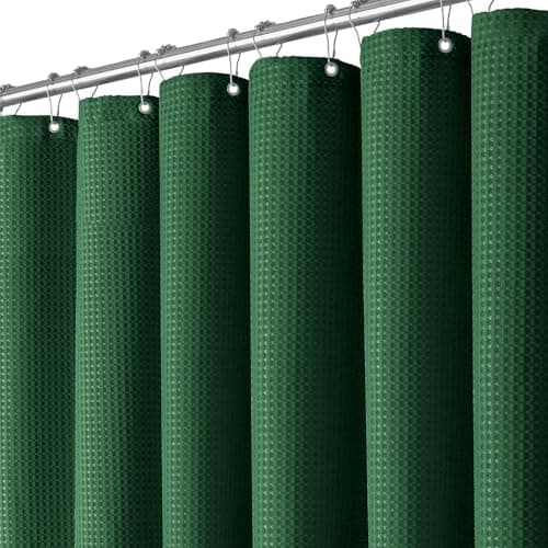 Image of BTTN Emerald Green Waffle Shower Curtain, Weighted Mould Proof Resistant Fabric Wet room Shower Curtains, Heavy Duty Waterproof Thick Shower Curtain Set with 12 Plastic Hooks(182 x 182cm, Dark Green)