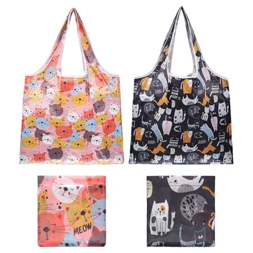 Image of Matwsec 2 Pcs Reusable Bags Foldable Shopping Bag Extra Large 50 Lbs Capacity, Washable Polyester Tote In Pocket, Reusable Grocery Bags, Cute Pink Cat & Black Dog