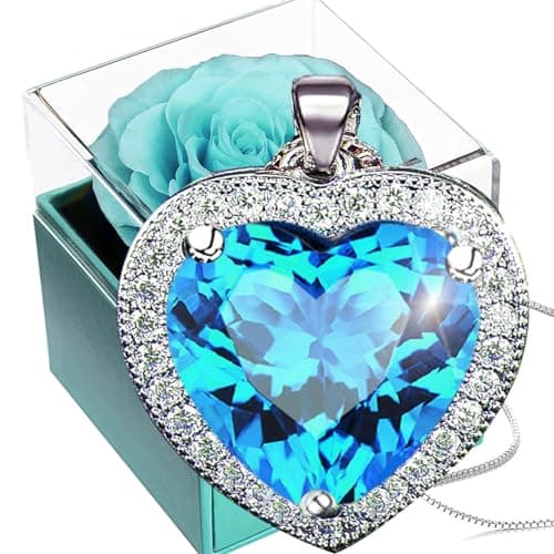 Image of Preserved Real Rose with Aquamarine Crystal Necklace,Forever Cyan Rose with Women Heart Necklace,925 Sterling Silver Ocean Pendant in Eternal Rosebox,Infinity Gift for Her On Christmas valentine