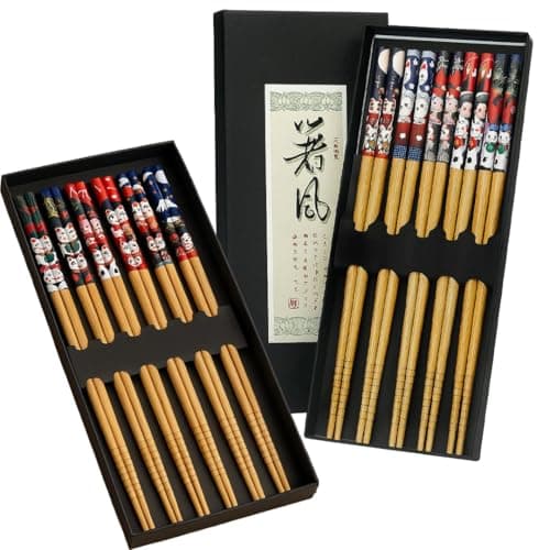 Image of Reusable Bamboo Chopsticks, 10 Pairs Premium Food-Grade Wooden Chop Sticks with Fortune Cat Design, Eco-Friendly Reusable Gift Set for Sushi, Ramen, Asian Cuisine, Lucky Cat Chopsticks