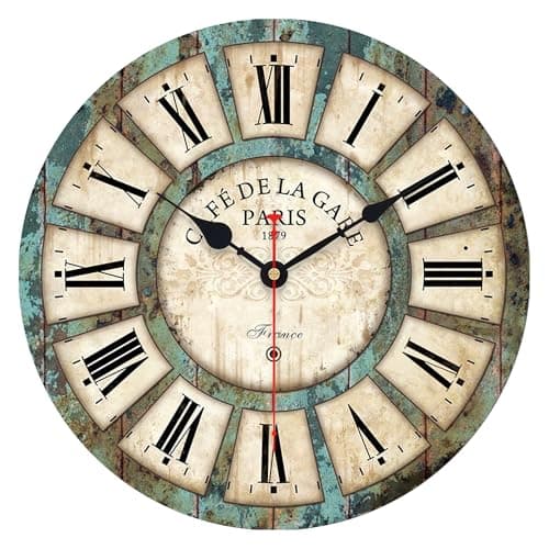 Image of VIKMARI Clocks Battery Operated Wooden Wall Clock Retro Rustic Clock Decorative 14 Inch Roman Numerals Wooden Round Home Decorative Wall Clocks for Kitchen,Living Room,Bedroom (Shabby Chic)