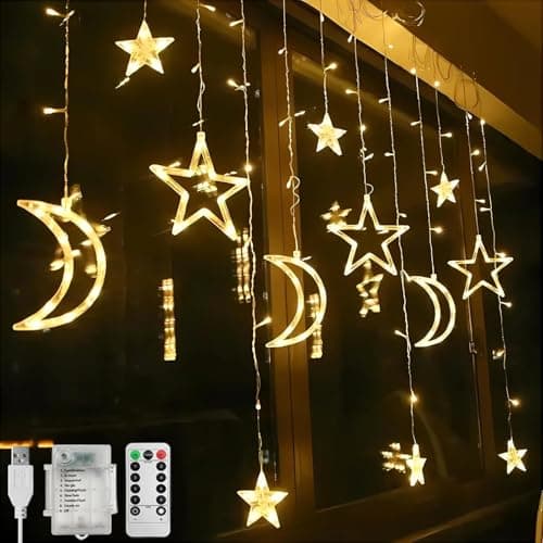 Image of CNMTCCO Ramadan Window Light Decorations for Home, 138 LED Star Moon Curtain String Lights with 8 Flashing Modes for Party, Wall, Eid, Ramadan Decorations, Battery&USB Powered (Warm White)