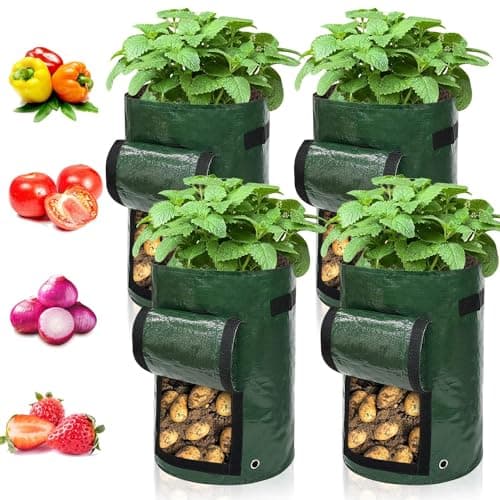 Image of Ram® 4 Pack 7 Gallon Potato Grow Bag set. Garden Plant Bags for potatoes, carrots, tomatoes, cucumbers and other Vegetables. Made in Green Polyethylene Complete