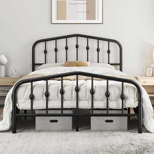 Image of Yaheetech 4ft6 Double Bed Frames Slatted Metal Bed with Crown-inspired Design Headboard/Spacious Under-bed Storage Black