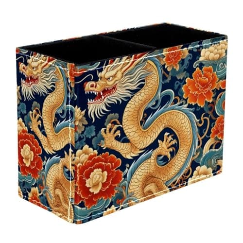 Image of VAPOKF Gold-Blue Dragon Pen Holder for Desk, 2 Compartments Pen Pot Pencil Holders Makeup Brushes Storage Desktop Stationary Supplies Organiser for Home Office