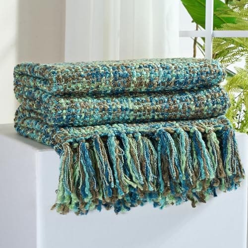 Image of GINAMUSE Multi-Color Green Cable Knitted Throw Blanket for Couch,60"X80" Boho Style Textured Blankets for Home Decor,Super Soft Warm Cozy Chunky Knit Blanket with Decorative Tassels for Bed and Sofa