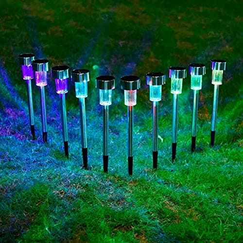 Image of Garden Mile 10 x Solar Powered Colour Changing LED Stake Lights Garden Path Border Driveway Outdoor Path Solar Power Light Up Stakes for Garden Colour Lighting Outdoor Lights Solar Lamp Post