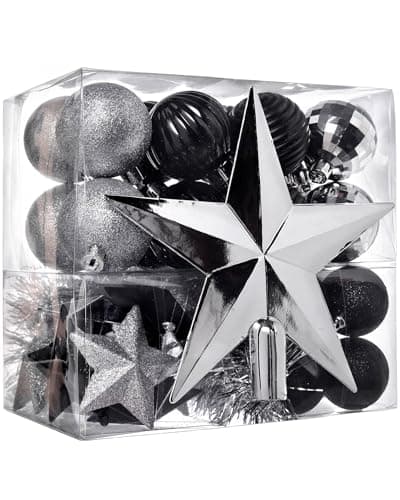 Image of WeRChristmas 42-Piece Shatterproof Baubles Decoration Pack with Tree Topper & Garland - Silver / Black, Multi-colour