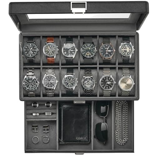 Image of ProCase Watch Box for Men, Jewelry Organizer Box with Drawer, Display Storage Case with Glass Lid -Black, 12 Slot