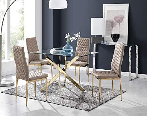 Image of Furniturebox UK Leonardo Rectangular Glass 4 Seater Dining Table with Gold Metal Starburst Legs Modern Minimalist Table with 4 Cappuccino Faux Leather Milan Gold Leg Dining Chairs