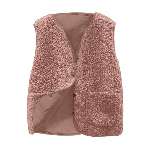 Image of Teddy Fleece Gilet for Women Fur Vest Sleeveless V-neck Button Down Vest Sherpa Fluffy Waistcoat Lightweight Cozy Gilets Ladies Winter Soft Jacket with Pockets Fuzzy Coat Outwear