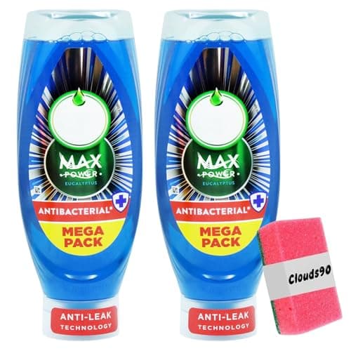 Image of FAIRY's Max Antibacterial Power Washing Up Liquid Eucalyptus – 2 x 730ml with Sponge, Anti-Leak, Tough on Grease