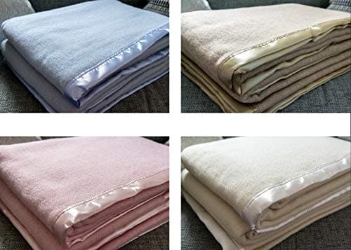 Image of Snugglemore New and Improved Traditional 100% Pure Wool Solid Weave Blanket Throw with Satin Ribbon Trim (Cream, Double)
