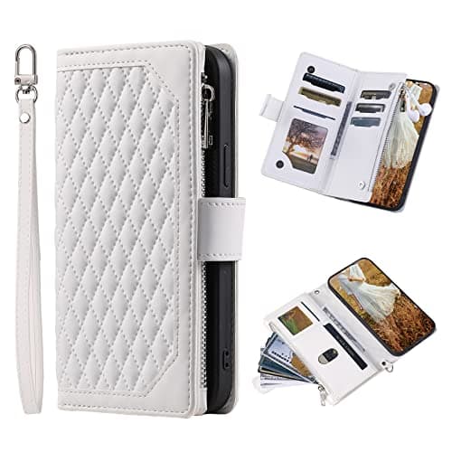 Image of Samsung Galaxy S7 Edge Phone Case Zipper Pocket Flip Shockproof Leather Folio Wallet Case with 6 Card Holder Slots Stand Silicone Bumper Zip Cover for Samsung Galaxy S7 Edge Case Girls Women, White