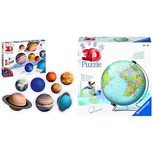 Image of Ravensburger Planetary Solar System 3D Globe Jigsaw Puzzle Set for Kids Age 6 Years Up & World Globe on a V-Stand 3D Jigsaw Puzzle for Adults and Kids Age 10 Years Up - 540 Pieces