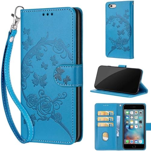 Image of for iPhone 6 / 6S Case, Embossed Premium PU Leather Folio Flip Notebook Wallet Cover Compatible with iPhone 6 / 6S Phone Case [Magnet Closure][Kickstand][Card Slots], Blue Flower