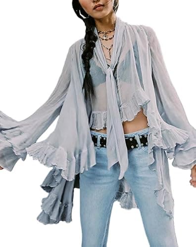Image of Seyumixi Women Long Bell Sleeve Frill Top See Through Sheer Mesh Blouse High Low Hem Ruffled Sexy Flowy Tops Shawl Shirt, Light Blue, Large