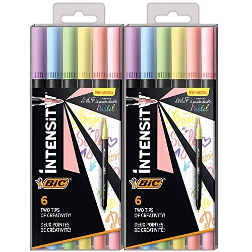 Image of BIC Intensity 12-Pack Dual-Tip Coloring Felt Pens with 0.7mm Fine Tip and Flexible Brush in Pastel Tones
