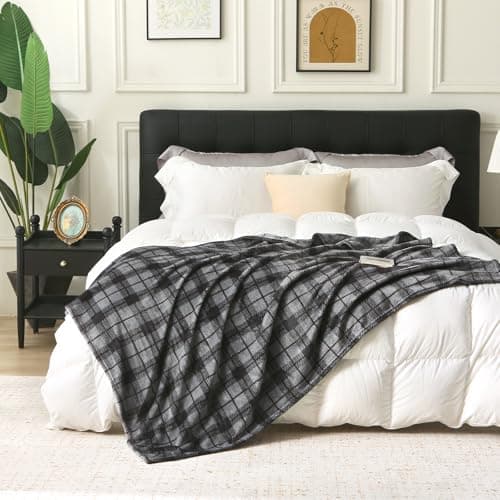Image of DREAMLANDING Fleece Throws For Sofa Bed Chair Soft Colorful Oversized, Decorative Ultra-Plush Throw Blanket (Black Plaid, 130x150cm)