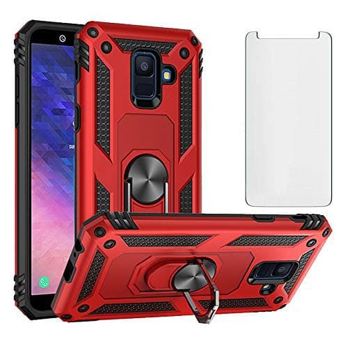 Image of Phone Case for Samsung Galaxy A6 Cover with Tempered Glass Screen Protector Stand Ring Holder Shockproof Silicone Heavy Duty Accessories Magnetic Metal Hard Glaxay A 6 2018 SM-A600FN Girls Red