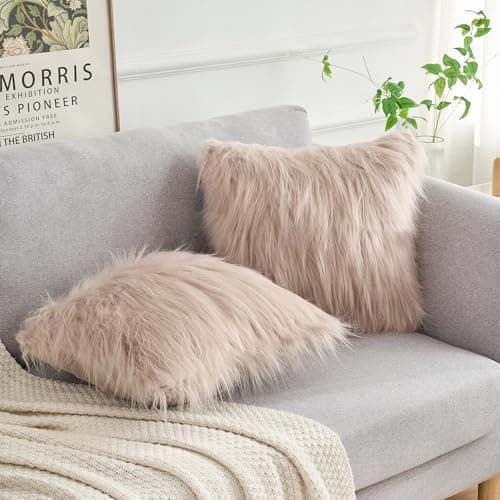 Image of Uxcell Shaggy Cushions Pack of 2 Faux Fluffy Throw Pillow Covers for Sofa Bedroom Sofa Home Decor Light Brown 45 x 45 cm