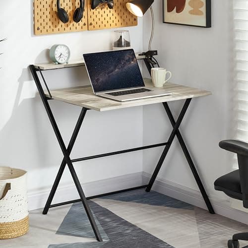 Image of Vida Designs Folding Desk 82cm No Assembly Computer Desk With Shelf Modern Space Saving Writing, Study, PC Table for Home Office (Grey)