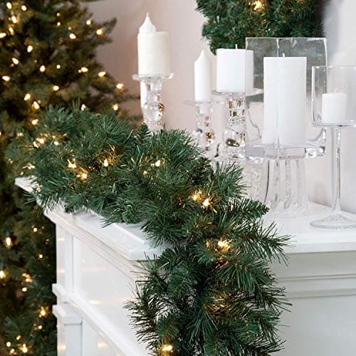 Image of GEEZY Pre-Lit Christmas Garland with Lights & Timer, 2.7m / 9FT - 35 Warm White LED, Artificial Green Garland - Indoor/Outdoor Christmas Decor for Fireplace Mantles, Doors, Windows, Bannister, Stairs