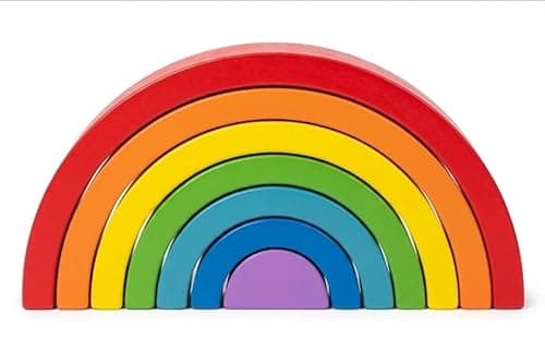 Image of Wooden Rainbow Stacking Blocks - 6 Piece Montessori Educational Toy for Toddlers - 18cm Natural Wood Arches for Creative Play & Nursery Decor