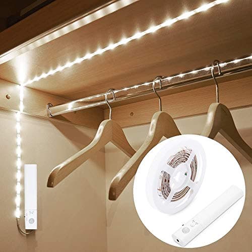 Image of OriFiil Motion Sensor Wardrobe Light, 1M LED Strip Lights Night Light, 6000K Cold White, Auto on/Off, Battery Powered for Closet, Cabinet, Kitchen, Stairs, Pantry, Under Bed Indoor Lighting