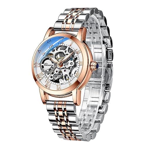 Image of FORSINING Women Watch Luxury Skeleton Rose Gold Dial Automatic Mechanical Wristwatch Stainless Steel Ladies Fashion Watches Luminous