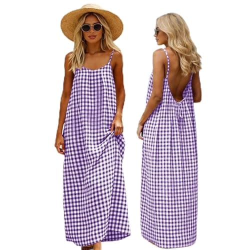 Image of Backless Cami Dresses for Women UK Linen Beach Coverups Maxi Dress Summer Holiday Coord Outfit Tartan Print Sarongs Plus Size Beachwear Clothes Spaghetti Straps Vest Purple L