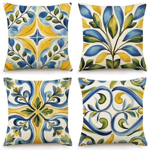 Image of OYIMUA Boho Abstract Floral Cushion Covers 50cm x 50cm Yellow Blue Outdoor Cushions 20x20 Inches Decorative Linen Pillow Covers for Garden Furniture Sofa