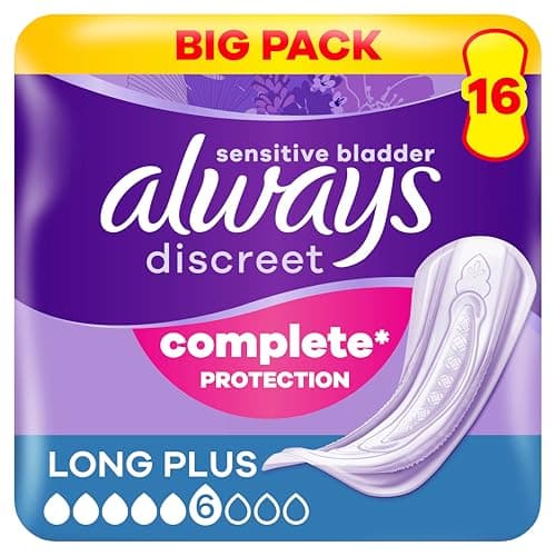 Image of Always Discreet Incontinence Pads, Long, Plus, 16 Towels, Bigger Pack, Odour Neutraliser, for Sensitive Bladder