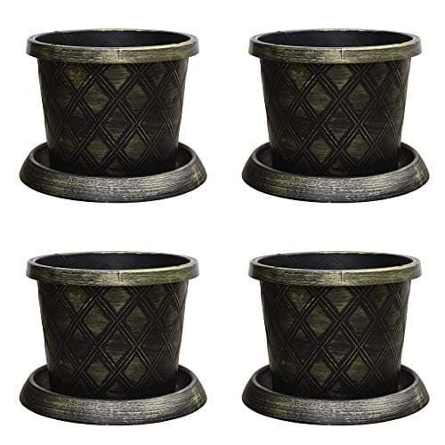 Image of 4 Large Garden Patio Planters Modern Display Pot & Saucer Stunning black and gold lattice effect Ideal for planting flower plugs shrub and vegetables 4 x 39cm Pots and Saucers by Thompson and Morgan