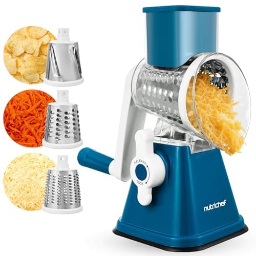 Image of NutriChef Rotary Cheese Grater 3 in 1 – Manual Cheese Shredder with 3 Stainless Steel Drums, Strong Suction Base for Kitchen, for Vegetables, Carrot, Potato, Coconut