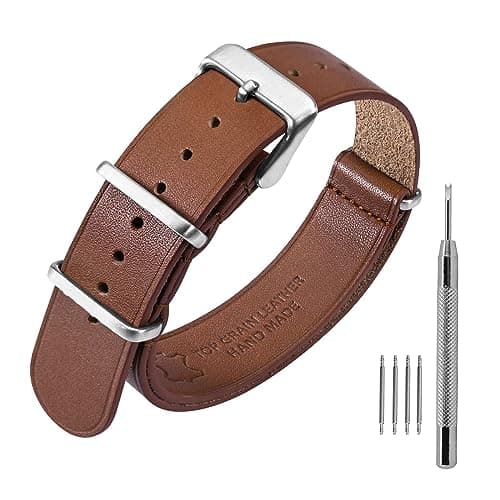 Image of ANNEFIT Leather Watch Strap 20mm, Genuine Calfskin One-Piece Military Watch Band for Men and Women with Brushed Silver Buckle (Light Brown)