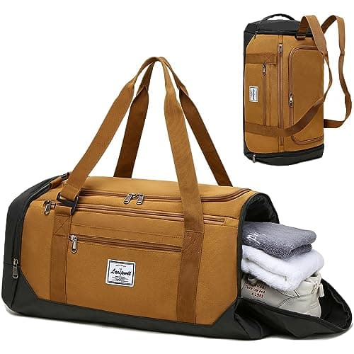 Image of Laripwit Gym Bags for Men, 40L Medium Sports Duffle Bag with Shoe Compartment & Wet Pocket, Lightweight Duffel Bag Backpack Multipurpose Weekend Overnight Holdall Travel Bag Women, Brown