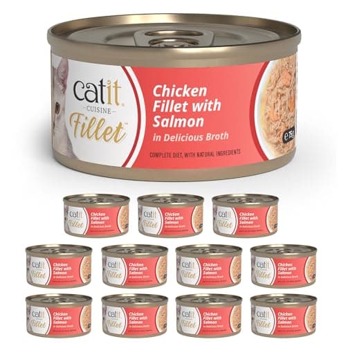 Image of Catit Cuisine Fillet, Real Chicken Fillet with Salmon in Broth, Grain Free Wet Cat Food for Adult Cats, High Meat Tinned Cat Food in Broth 12 pack