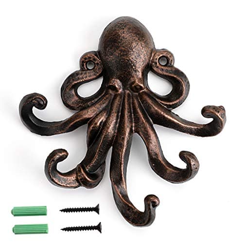 Image of BSTKEY Cast Iron & Bronze Octopus 5-Tentacle Decorative Wall Hook - Rustic Towel & Key Holder (Bronze & Red)