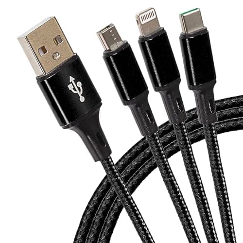 Image of Maplin USB-A to 3 in 1 Multi Charging Cable USB-C & Lightning & Micro USB-B Braided 1.2m Black, for iPhone 15,14,13,12,11, iPad, Android phones Samsung S7/S6/S5, Sony, Huawei, PS4, HTC, Kindle, Camera