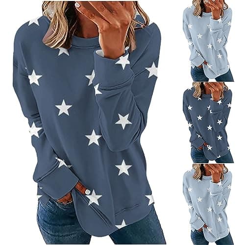Image of Women's Sweatshirts, Ladies Stars Printed Jumpers Long Sleeve Pullover Round Neck Oversized Sweatshirt Baggy Fit Y2k Sweaters, Stretch Jumper Lightweight Blouses Fitness Athletic Running Shirts