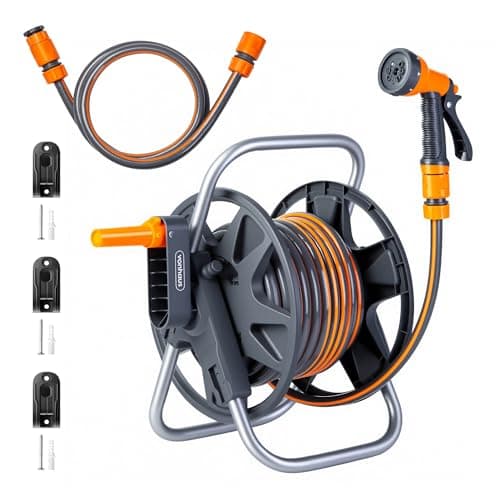 Image of Vonhaus Garden Hose Reel 15m – 2-in-1 Hose Pipe Reel with 8-Pattern Spray Nozzle & 1/2" and 3/4" Fittings, Wall Mounted and Freestanding Heavy Duty Rewind Water Hose