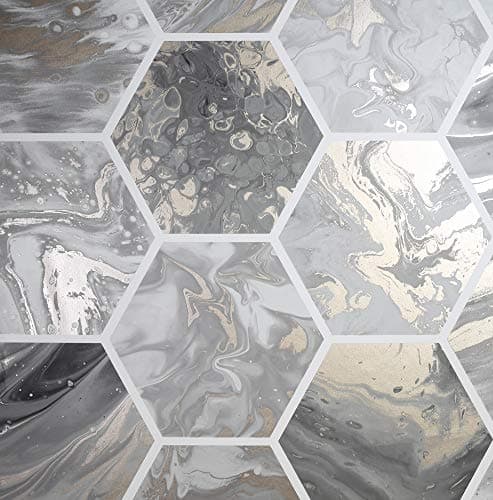 Image of Arthouse Marbled Hex Matt Grey & Rose Gold Metallic Wallpaper for Living Spaces & Feature Walls, Kitchen Bedroom Hallway Dining Wallpaper 10.05m x 0.53m Roll, Marble Effect Geometric Design 908502