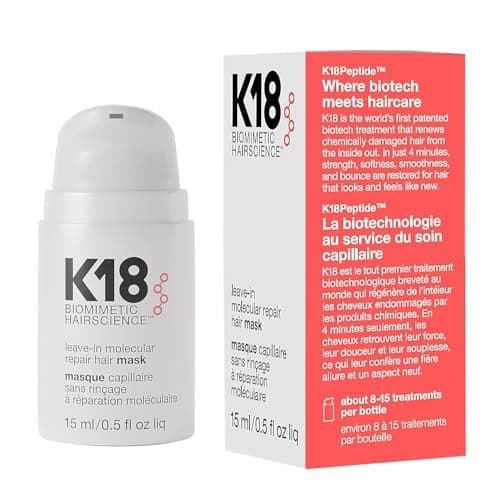 Image of K18 Mini Leave-In Molecular Hair Mask, Repairs Dry or Damaged Hair, Reverse Hair Damage from Bleach, Colour, Chemical Services & Heat, 15ml