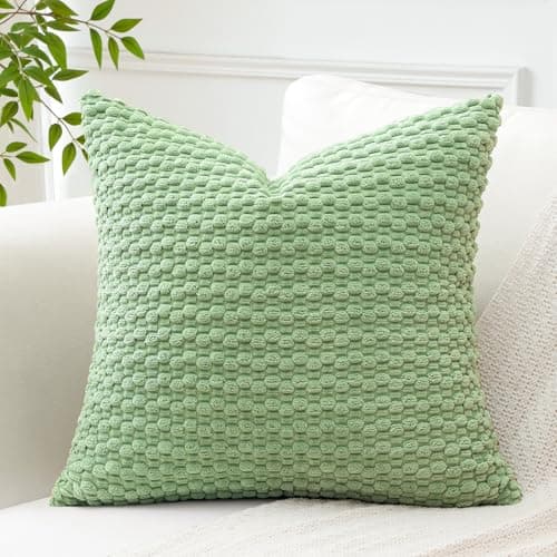 Image of Artscope Pom Poms Decorative Corduroy Cushion Cover 40x40cm Super Soft Boho Striped Square Pillow Covers Case Geometric for Sofa Couch Bedroom Car Decor Set of 1, Light Green